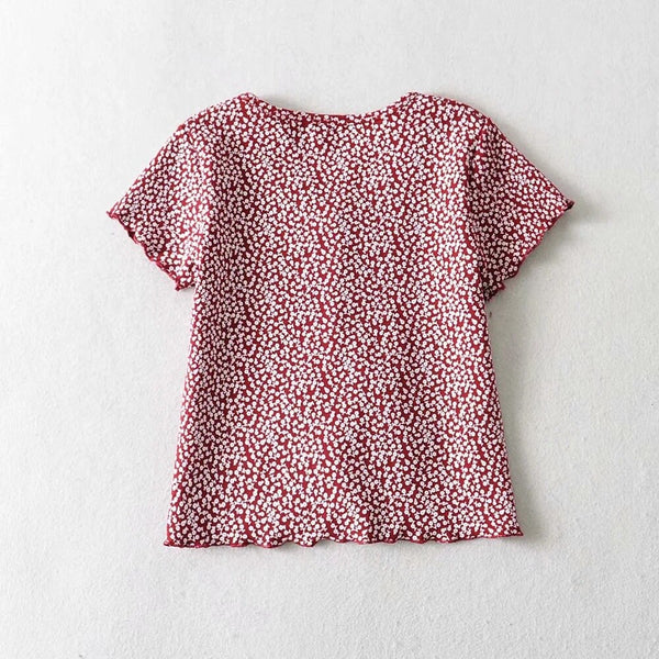 Women Scoop Neck Button down Floral Print Crop Tee Short Sleeve Floral Printed Crop Top For Women Summer Fashion | Vimost Shop.