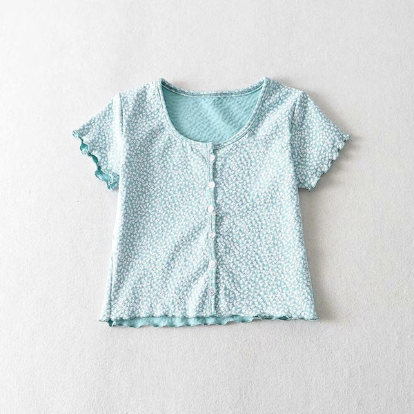 Women Scoop Neck Button down Floral Print Crop Tee Short Sleeve Floral Printed Crop Top For Women Summer Fashion | Vimost Shop.