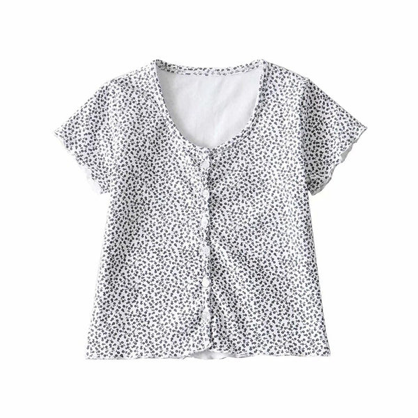 Women Scoop Neck Button down Floral Print Crop Tee Short Sleeve Floral Printed Crop Top For Women Summer Fashion | Vimost Shop.