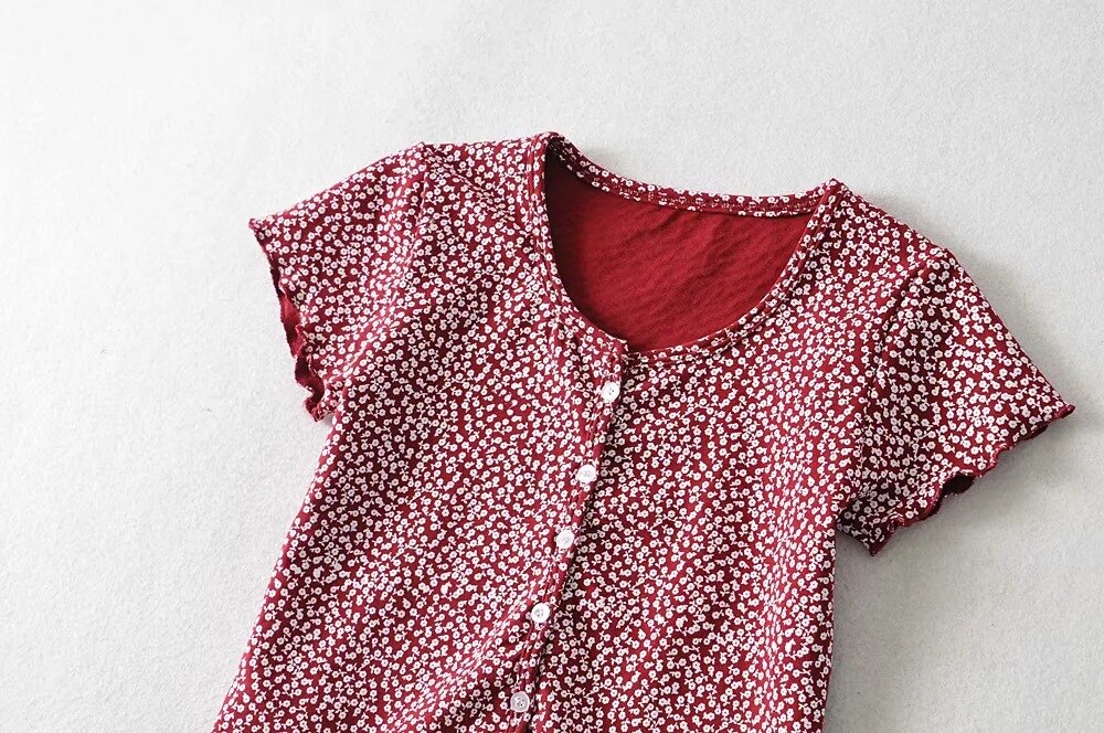 Women Scoop Neck Button down Floral Print Crop Tee Short Sleeve Floral Printed Crop Top For Women Summer Fashion | Vimost Shop.