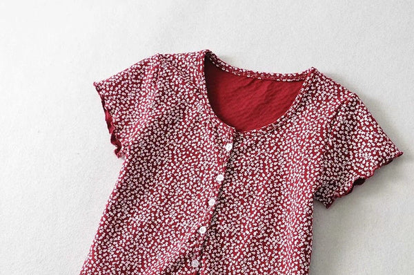 Women Scoop Neck Button down Floral Print Crop Tee Short Sleeve Floral Printed Crop Top For Women Summer Fashion | Vimost Shop.