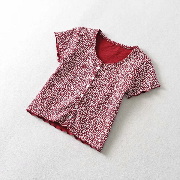 Women Scoop Neck Button down Floral Print Crop Tee Short Sleeve Floral Printed Crop Top For Women Summer Fashion | Vimost Shop.