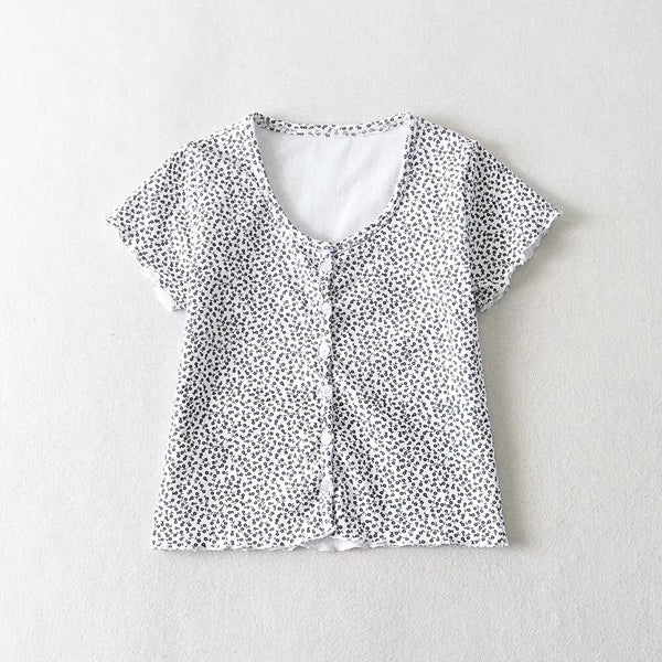Women Scoop Neck Button down Floral Print Crop Tee Short Sleeve Floral Printed Crop Top For Women Summer Fashion | Vimost Shop.