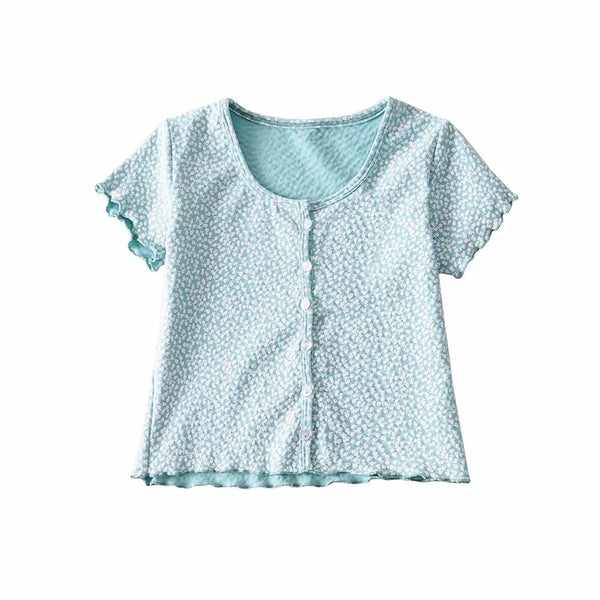 Women Scoop Neck Button down Floral Print Crop Tee Short Sleeve Floral Printed Crop Top For Women Summer Fashion | Vimost Shop.