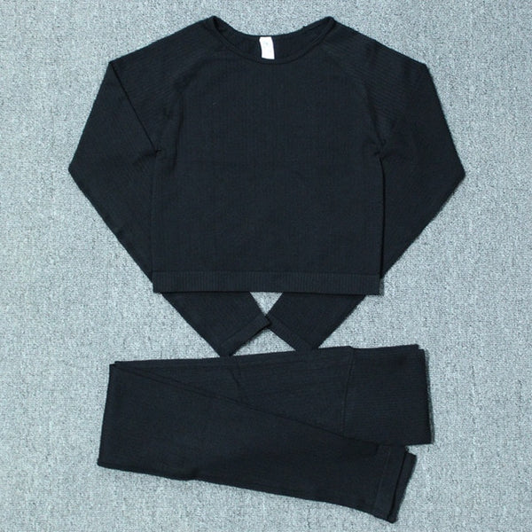 Autumn Seamless Yoga Set Women Gym Clothes Solid Long Sleeve Crop Top Leggings Tracksuit Workout Push Up Sports Fitness 2 Piece | Vimost Shop.