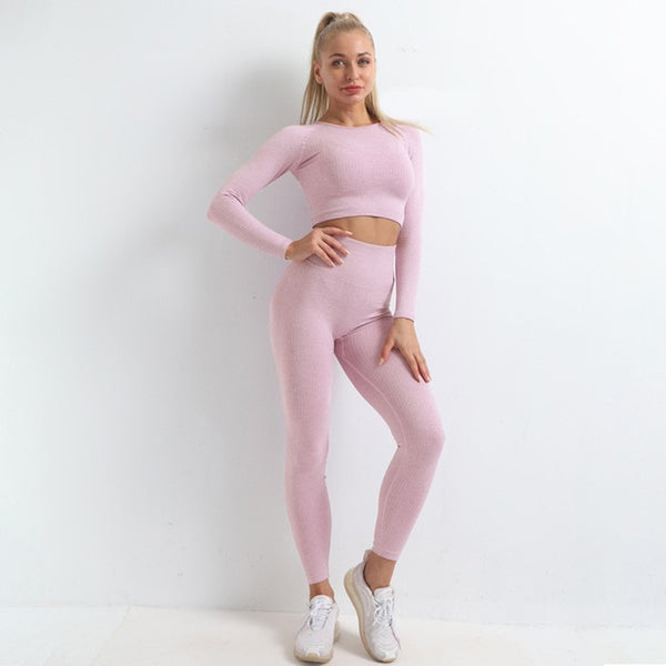 Autumn Seamless Yoga Set Women Gym Clothes Solid Long Sleeve Crop Top Leggings Tracksuit Workout Push Up Sports Fitness 2 Piece | Vimost Shop.
