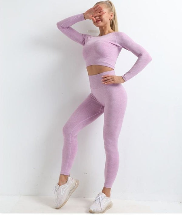 Autumn Seamless Yoga Set Women Gym Clothes Solid Long Sleeve Crop Top Leggings Tracksuit Workout Push Up Sports Fitness 2 Piece | Vimost Shop.