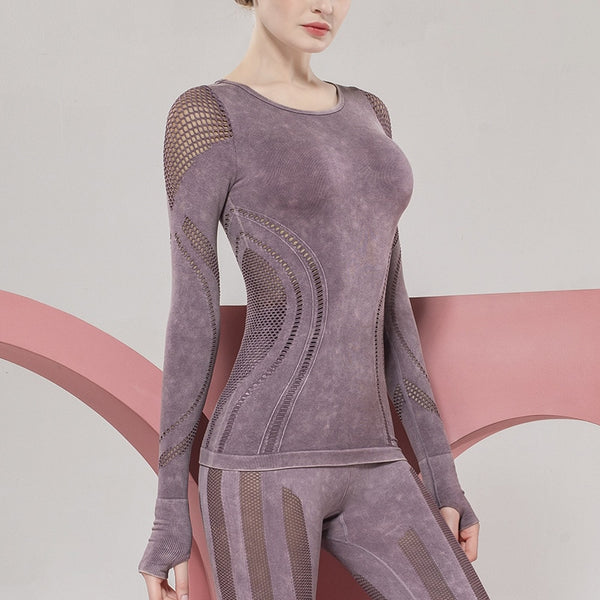 Seamless Sportswear Yoga Set Hollow Out Gym Fitness Tracksuit Long Sleeve Top Hips Lifting Leggings Running Traning Two Piece | Vimost Shop.