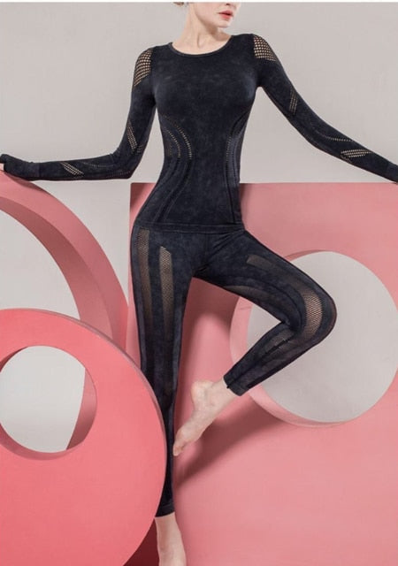 Seamless Sportswear Yoga Set Hollow Out Gym Fitness Tracksuit Long Sleeve Top Hips Lifting Leggings Running Traning Two Piece | Vimost Shop.