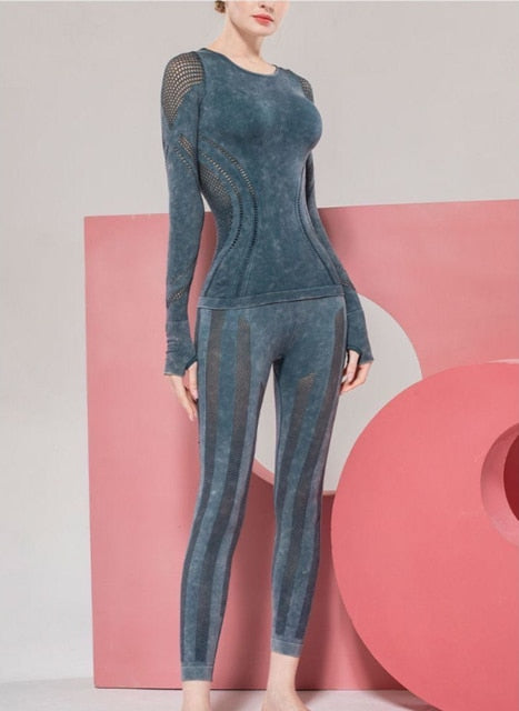 Seamless Sportswear Yoga Set Hollow Out Gym Fitness Tracksuit Long Sleeve Top Hips Lifting Leggings Running Traning Two Piece | Vimost Shop.