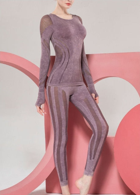 Seamless Sportswear Yoga Set Hollow Out Gym Fitness Tracksuit Long Sleeve Top Hips Lifting Leggings Running Traning Two Piece | Vimost Shop.