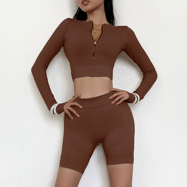 Seamless Sportswear Yoga Set Gym Fitness Tracksuit Striped Long Sleeve Zipper Top Hips Lifting Leggings Running Traning 2 Piece | Vimost Shop.