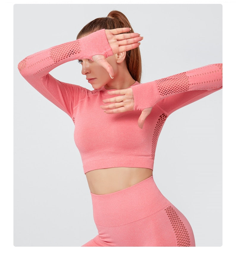 Seamless Sportswear Yoga Set Gym Fitness Tracksuit Hollow Out Long Sleeve Top Hips Lifting Leggings Running Traning 2 Piece | Vimost Shop.