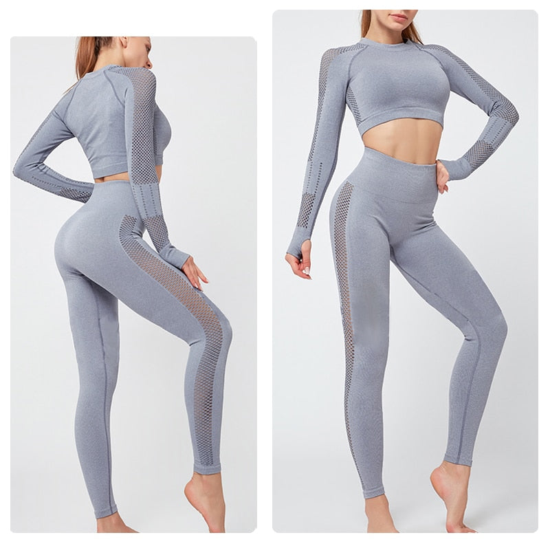 Seamless Sportswear Yoga Set Gym Fitness Tracksuit Hollow Out Long Sleeve Top Hips Lifting Leggings Running Traning 2 Piece | Vimost Shop.