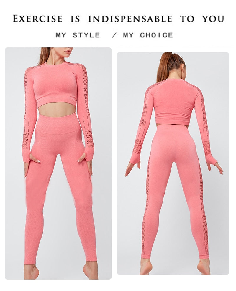 Seamless Sportswear Yoga Set Gym Fitness Tracksuit Hollow Out Long Sleeve Top Hips Lifting Leggings Running Traning 2 Piece | Vimost Shop.