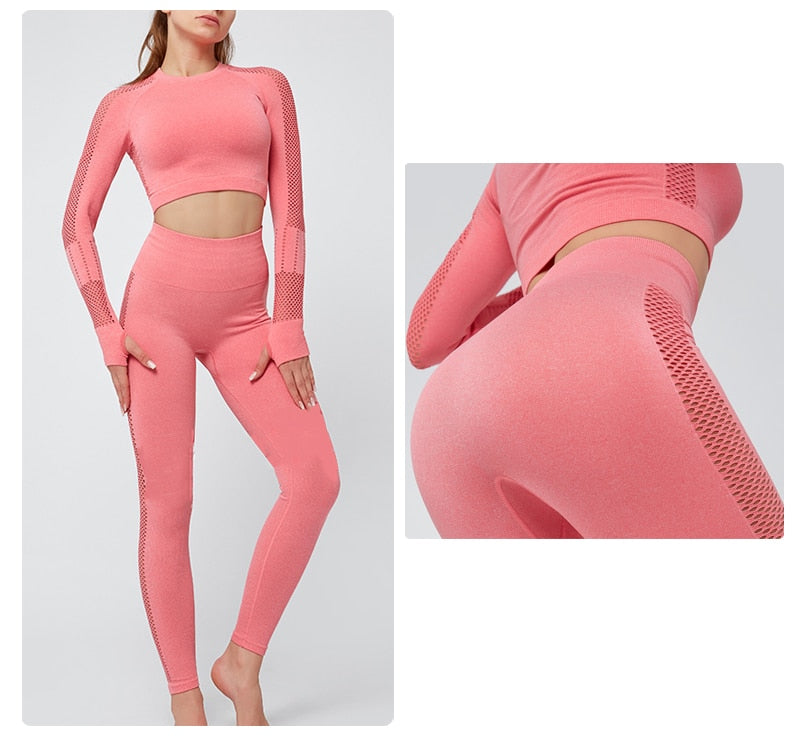 Seamless Sportswear Yoga Set Gym Fitness Tracksuit Hollow Out Long Sleeve Top Hips Lifting Leggings Running Traning 2 Piece | Vimost Shop.