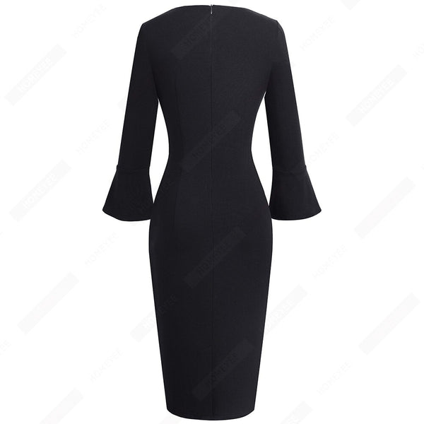 Women Sexy Deep V neck Elegant Horn sleeve Dress Business Slim Brief Pencil Dress | Vimost Shop.