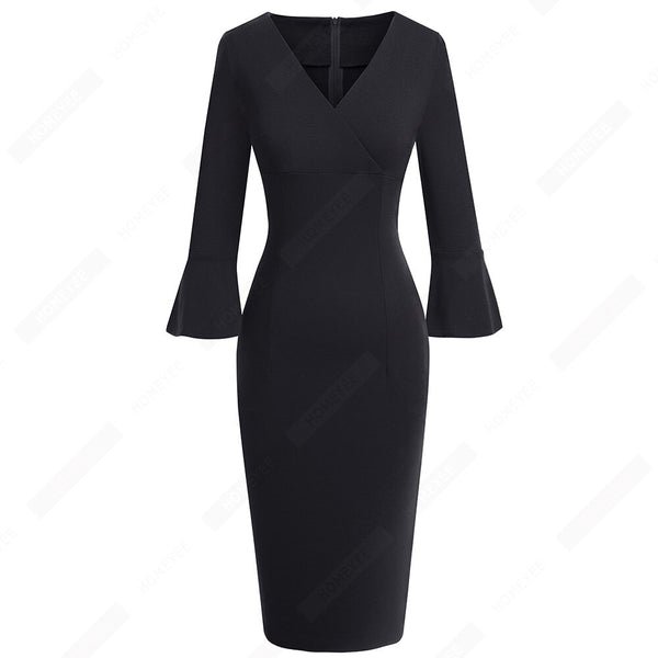 Women Sexy Deep V neck Elegant Horn sleeve Dress Business Slim Brief Pencil Dress | Vimost Shop.