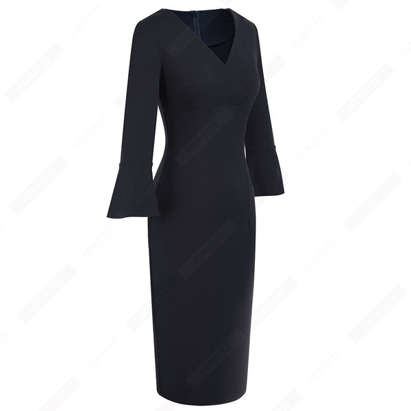 Women Sexy Deep V neck Elegant Horn sleeve Dress Business Slim Brief Pencil Dress | Vimost Shop.