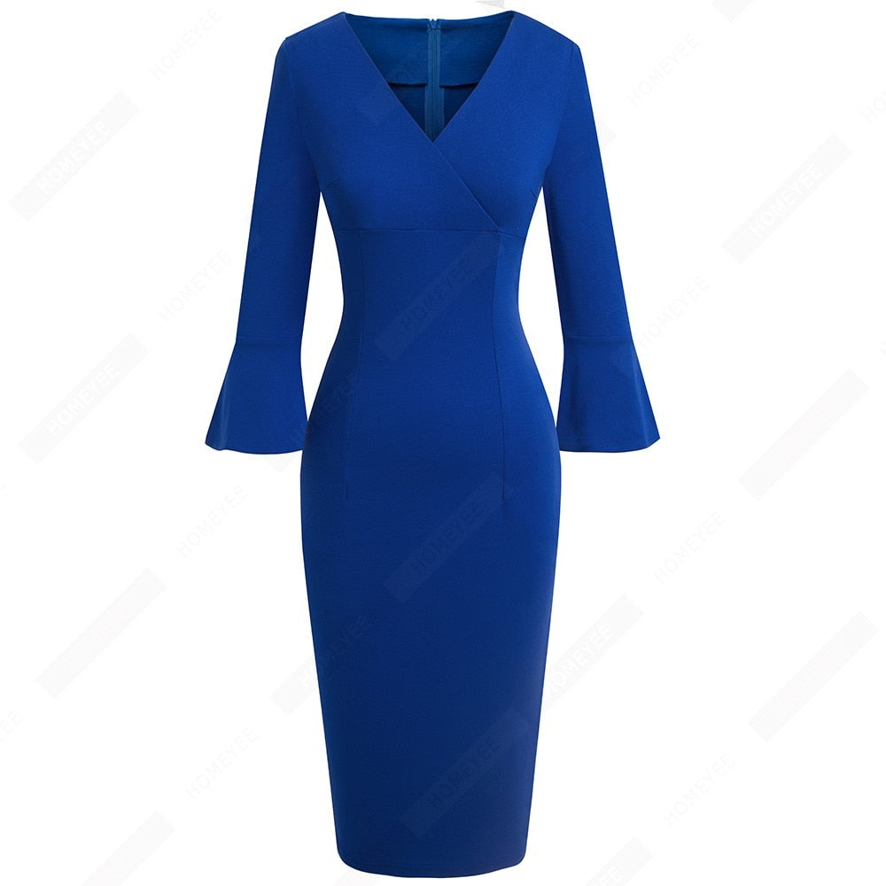 Women Sexy Deep V neck Elegant Horn sleeve Dress Business Slim Brief Pencil Dress | Vimost Shop.