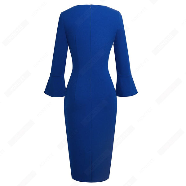 Women Sexy Deep V neck Elegant Horn sleeve Dress Business Slim Brief Pencil Dress | Vimost Shop.