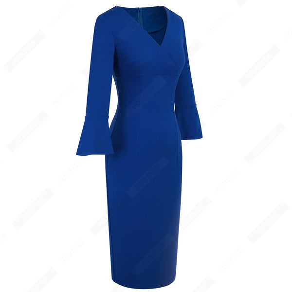 Women Sexy Deep V neck Elegant Horn sleeve Dress Business Slim Brief Pencil Dress | Vimost Shop.