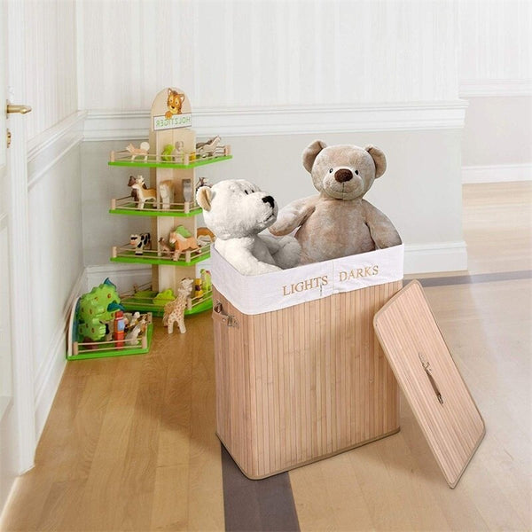 Folding Double Rectangle Bamboo Hamper Laundry Basket Withdrawable Inside Liner Thickened Lid with PU Leather Handle | Vimost Shop.