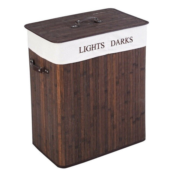 Folding Double Rectangle Bamboo Hamper Laundry Basket Withdrawable Inside Liner Thickened Lid with PU Leather Handle | Vimost Shop.