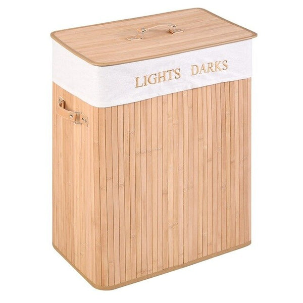 Folding Double Rectangle Bamboo Hamper Laundry Basket Withdrawable Inside Liner Thickened Lid with PU Leather Handle | Vimost Shop.