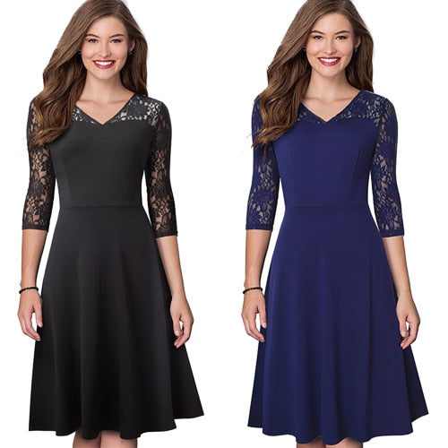 Women Sexy Chic Lace Patchwork Elegant Dress Casual Swing Party Retro Dress | Vimost Shop.