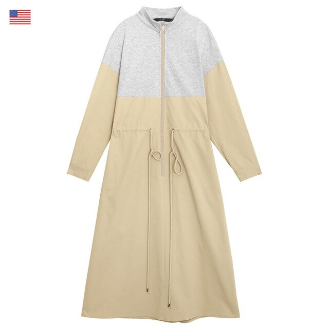 Khaki Colorblock Patchwork Casual Safari Dress Women Autumn Korean Ladies Daily Dress | Vimost Shop.