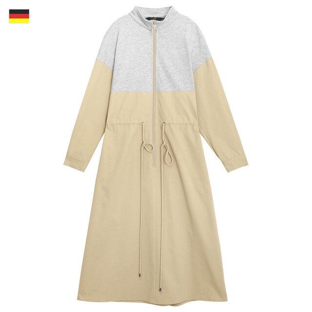 Khaki Colorblock Patchwork Casual Safari Dress Women Autumn Korean Ladies Daily Dress | Vimost Shop.