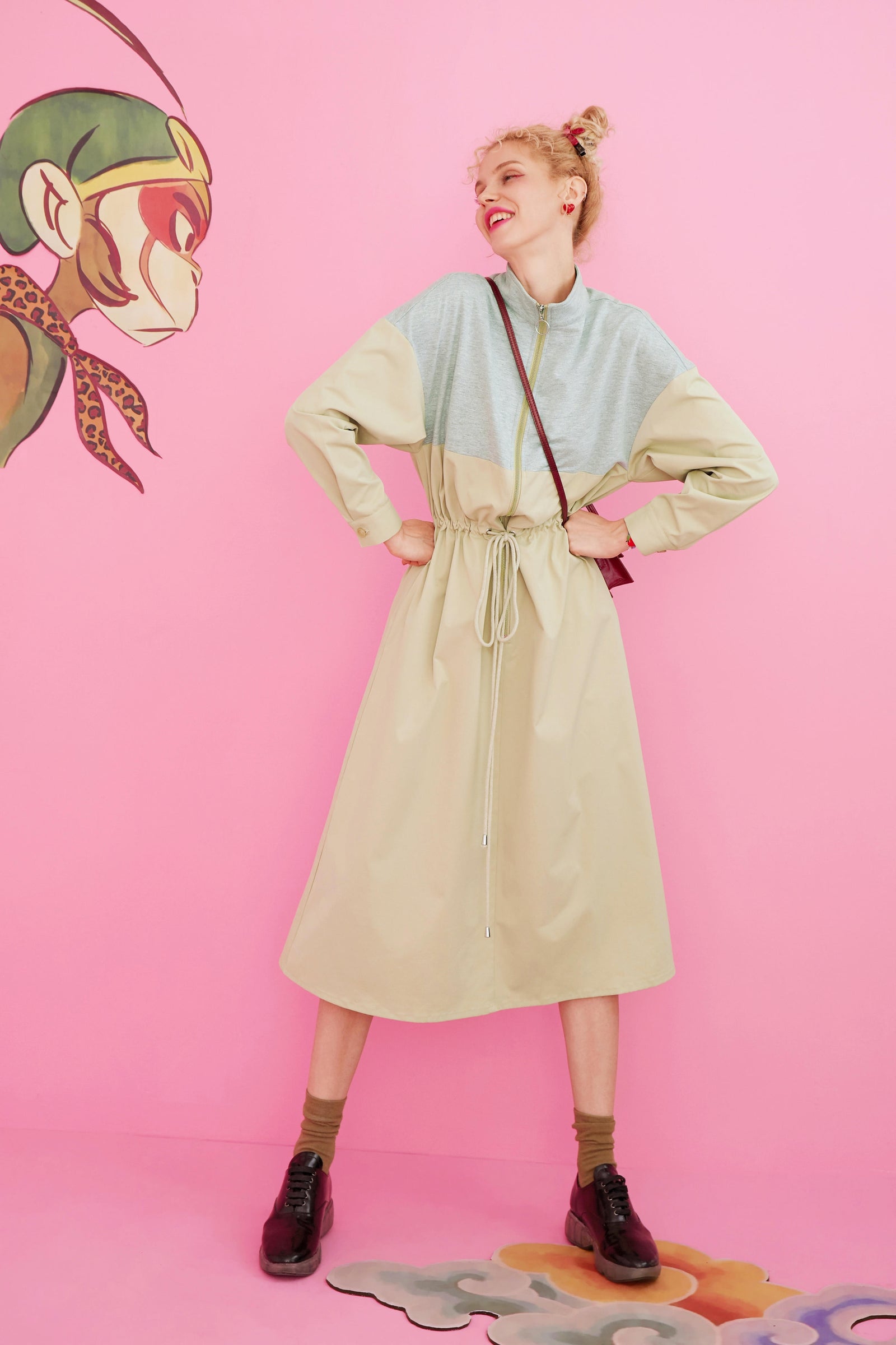 Khaki Colorblock Patchwork Casual Safari Dress Women Autumn Korean Ladies Daily Dress | Vimost Shop.