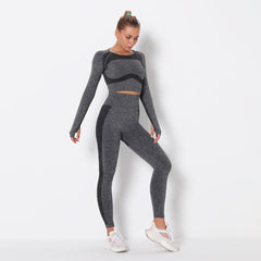 Seamless Patchwork Yoga Set Gym Clothing Fashion Long Sleeve Top Leggings Suit Push Up Workout Training Running Sports Tracksuit