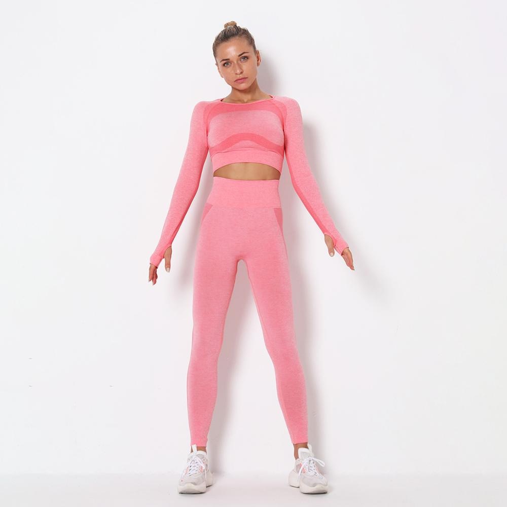 Seamless Patchwork Yoga Set Gym Clothing Fashion Long Sleeve Top Leggings Suit Push Up Workout Training Running Sports Tracksuit | Vimost Shop.