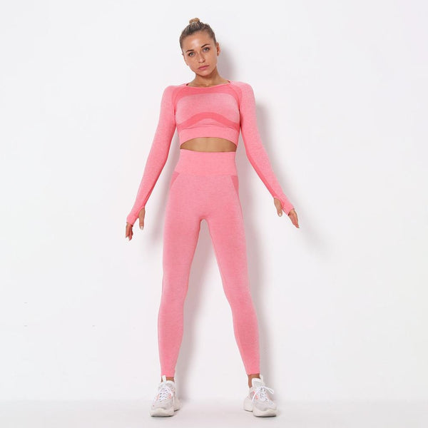 Seamless Patchwork Yoga Set Gym Clothing Fashion Long Sleeve Top Leggings Suit Push Up Workout Training Running Sports Tracksuit | Vimost Shop.