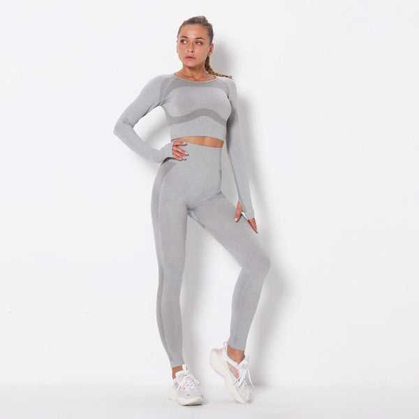 Seamless Patchwork Yoga Set Gym Clothing Fashion Long Sleeve Top Leggings Suit Push Up Workout Training Running Sports Tracksuit | Vimost Shop.