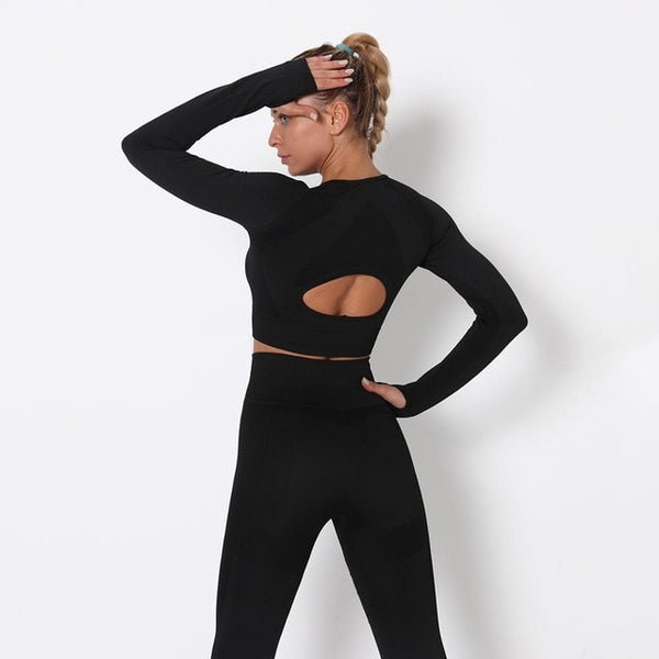 Seamless Patchwork Yoga Set Gym Clothing Fashion Long Sleeve Top Leggings Suit Push Up Workout Training Running Sports Tracksuit | Vimost Shop.
