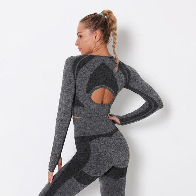 Seamless Patchwork Yoga Set Gym Clothing Fashion Long Sleeve Top Leggings Suit Push Up Workout Training Running Sports Tracksuit | Vimost Shop.