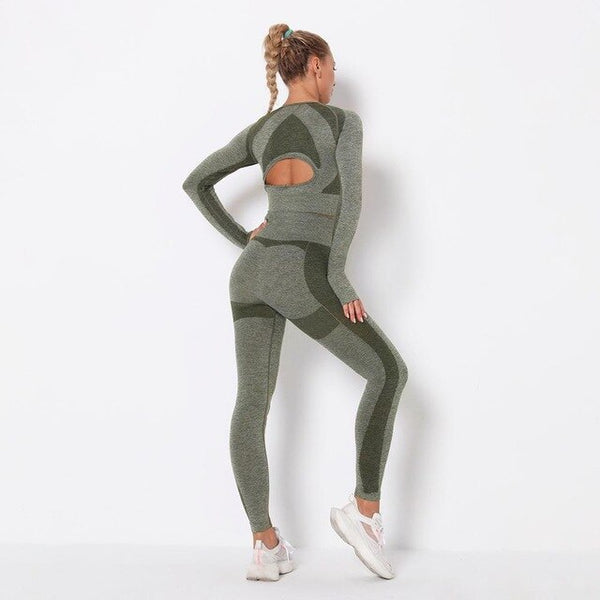 Seamless Patchwork Yoga Set Gym Clothing Fashion Long Sleeve Top Leggings Suit Push Up Workout Training Running Sports Tracksuit | Vimost Shop.