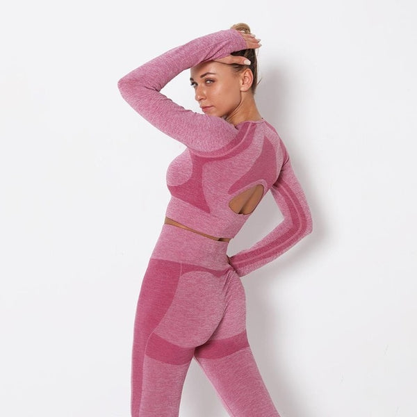 Seamless Patchwork Yoga Set Gym Clothing Fashion Long Sleeve Top Leggings Suit Push Up Workout Training Running Sports Tracksuit | Vimost Shop.