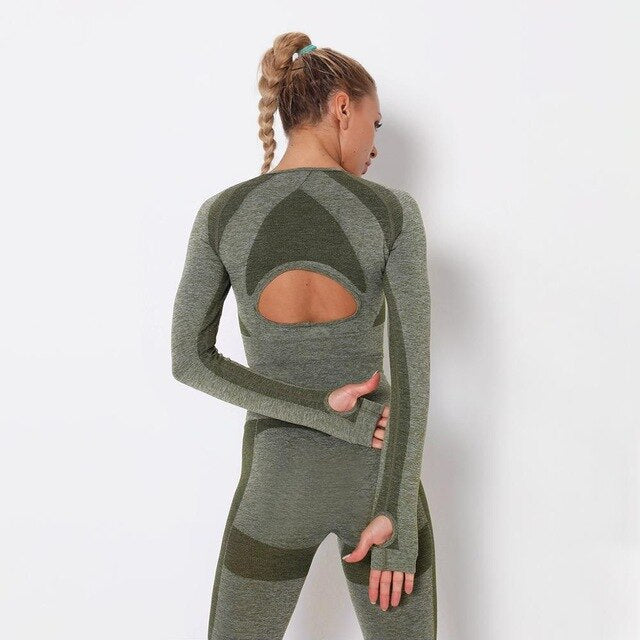 Seamless Patchwork Yoga Set Gym Clothing Fashion Long Sleeve Top Leggings Suit Push Up Workout Training Running Sports Tracksuit | Vimost Shop.