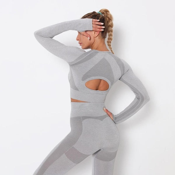 Seamless Patchwork Yoga Set Gym Clothing Fashion Long Sleeve Top Leggings Suit Push Up Workout Training Running Sports Tracksuit | Vimost Shop.
