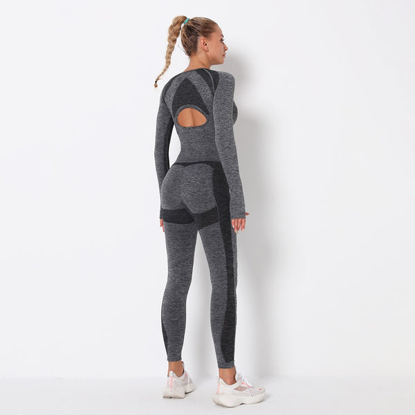 Seamless Patchwork Yoga Set Gym Clothing Fashion Long Sleeve Top Leggings Suit Push Up Workout Training Running Sports Tracksuit | Vimost Shop.