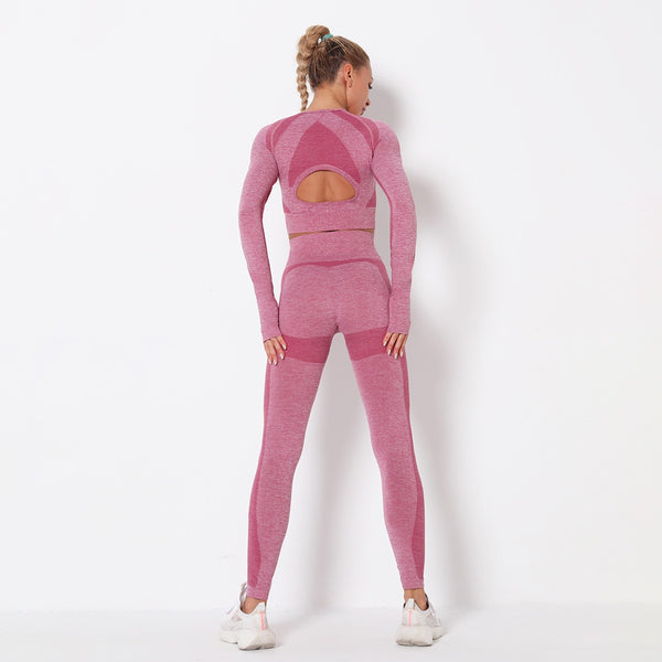 Seamless Patchwork Yoga Set Gym Clothing Fashion Long Sleeve Top Leggings Suit Push Up Workout Training Running Sports Tracksuit | Vimost Shop.