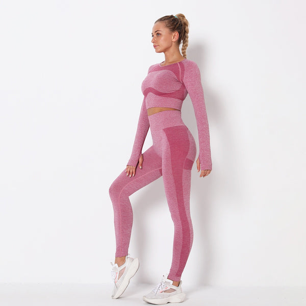 Seamless Patchwork Yoga Set Gym Clothing Fashion Long Sleeve Top Leggings Suit Push Up Workout Training Running Sports Tracksuit | Vimost Shop.