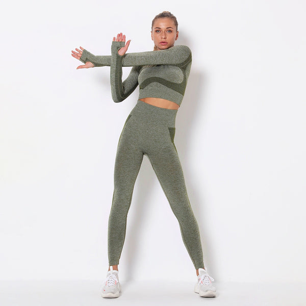 Seamless Patchwork Yoga Set Gym Clothing Fashion Long Sleeve Top Leggings Suit Push Up Workout Training Running Sports Tracksuit | Vimost Shop.