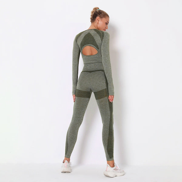 Seamless Patchwork Yoga Set Gym Clothing Fashion Long Sleeve Top Leggings Suit Push Up Workout Training Running Sports Tracksuit | Vimost Shop.