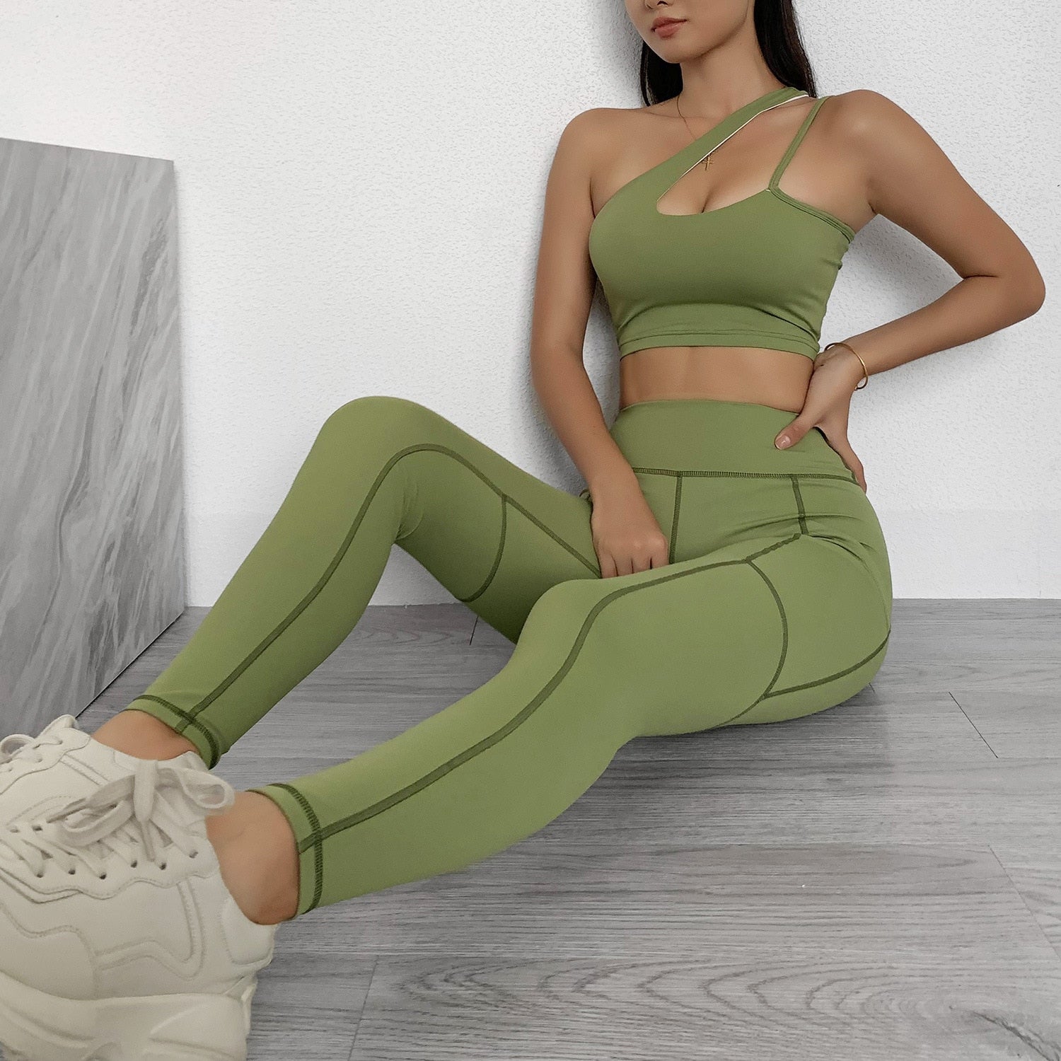 Seamless Yoga Gym Set Women Tracksuit Fitness Clothing Sportswear Padded Push-up Sports One Shoulder Bra Leggings Workout Set | Vimost Shop.