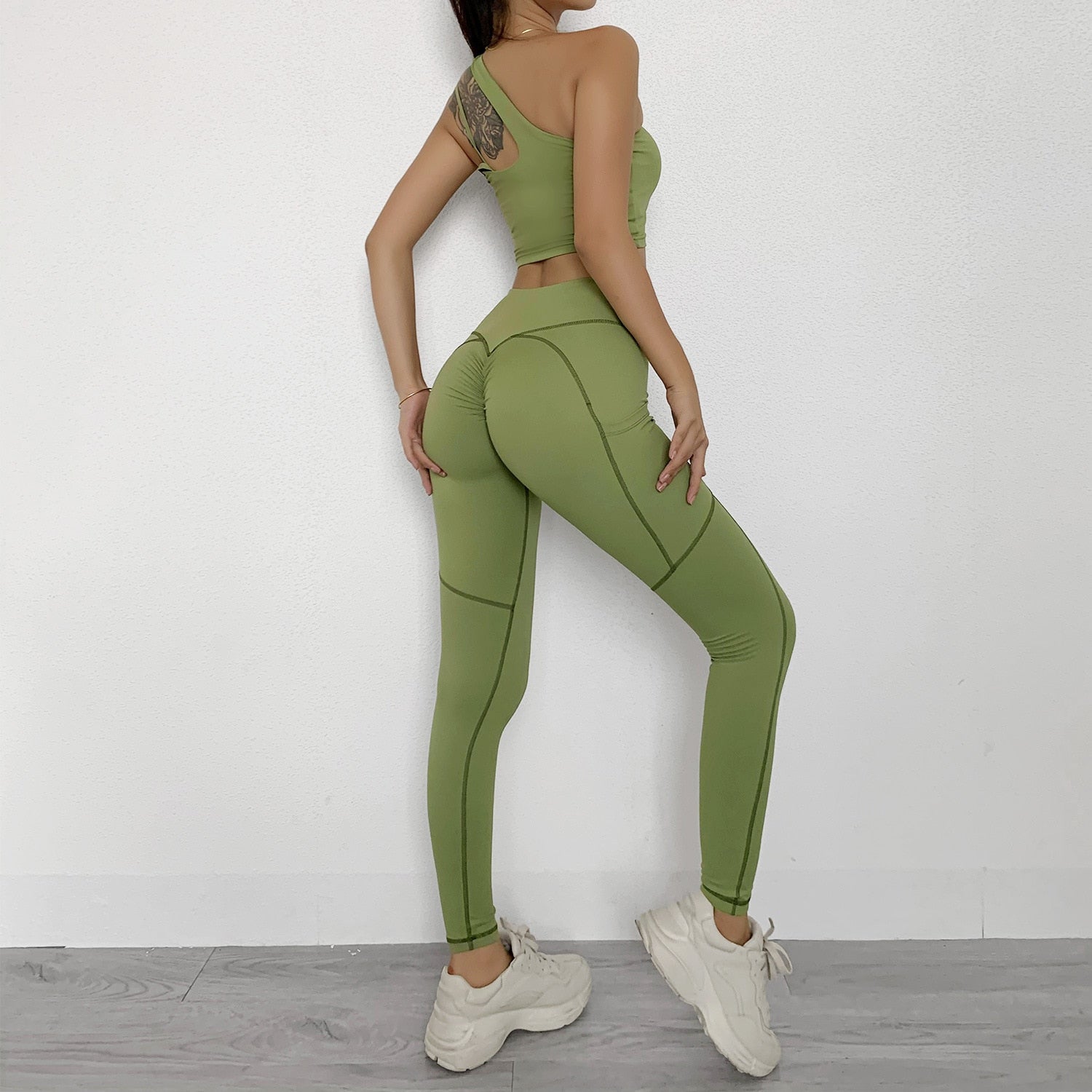 Seamless Yoga Gym Set Women Tracksuit Fitness Clothing Sportswear Padded Push-up Sports One Shoulder Bra Leggings Workout Set | Vimost Shop.